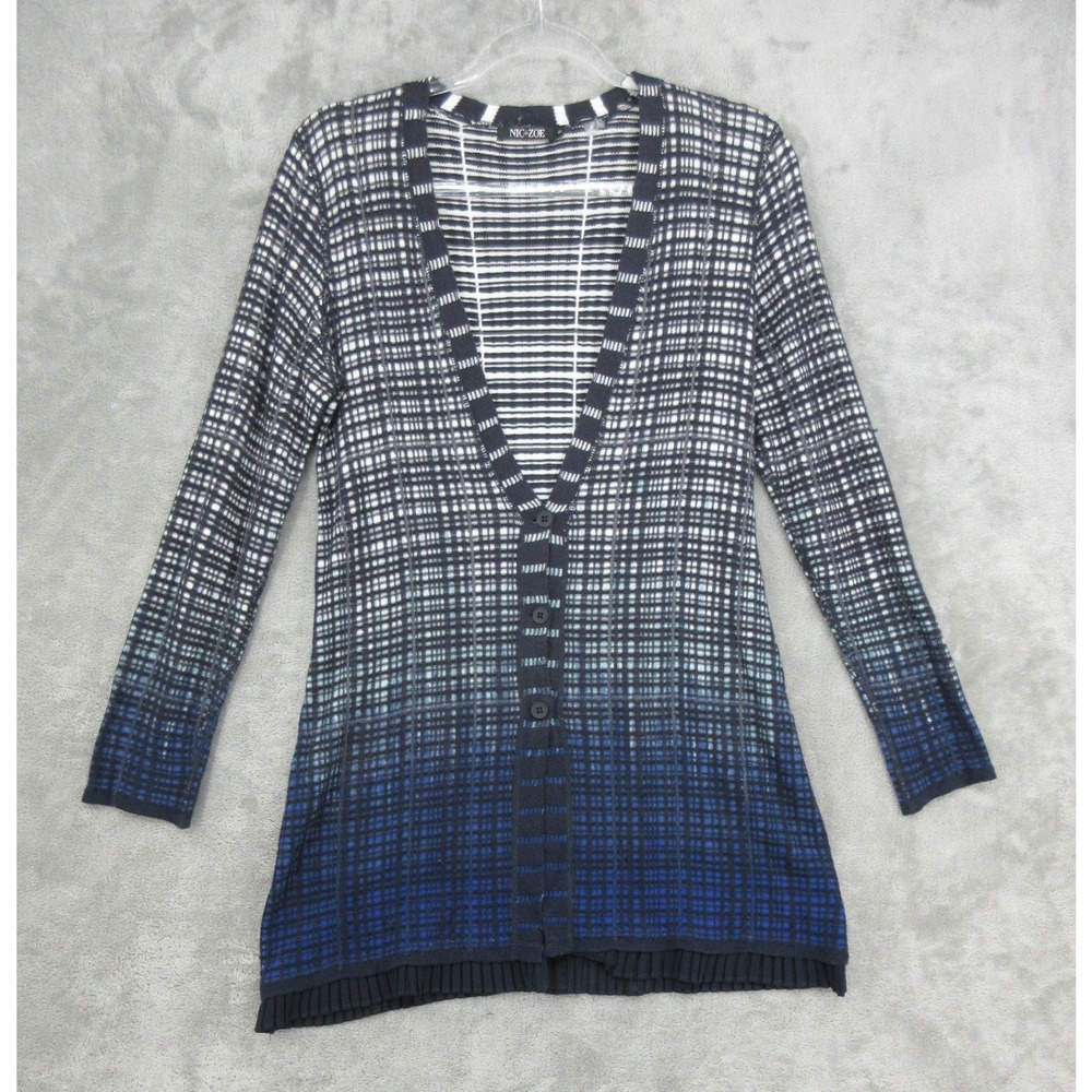 NIC+ZOE Sweater Womens Size S Ombre Plaid Button Front Office Career Ruffle Hem